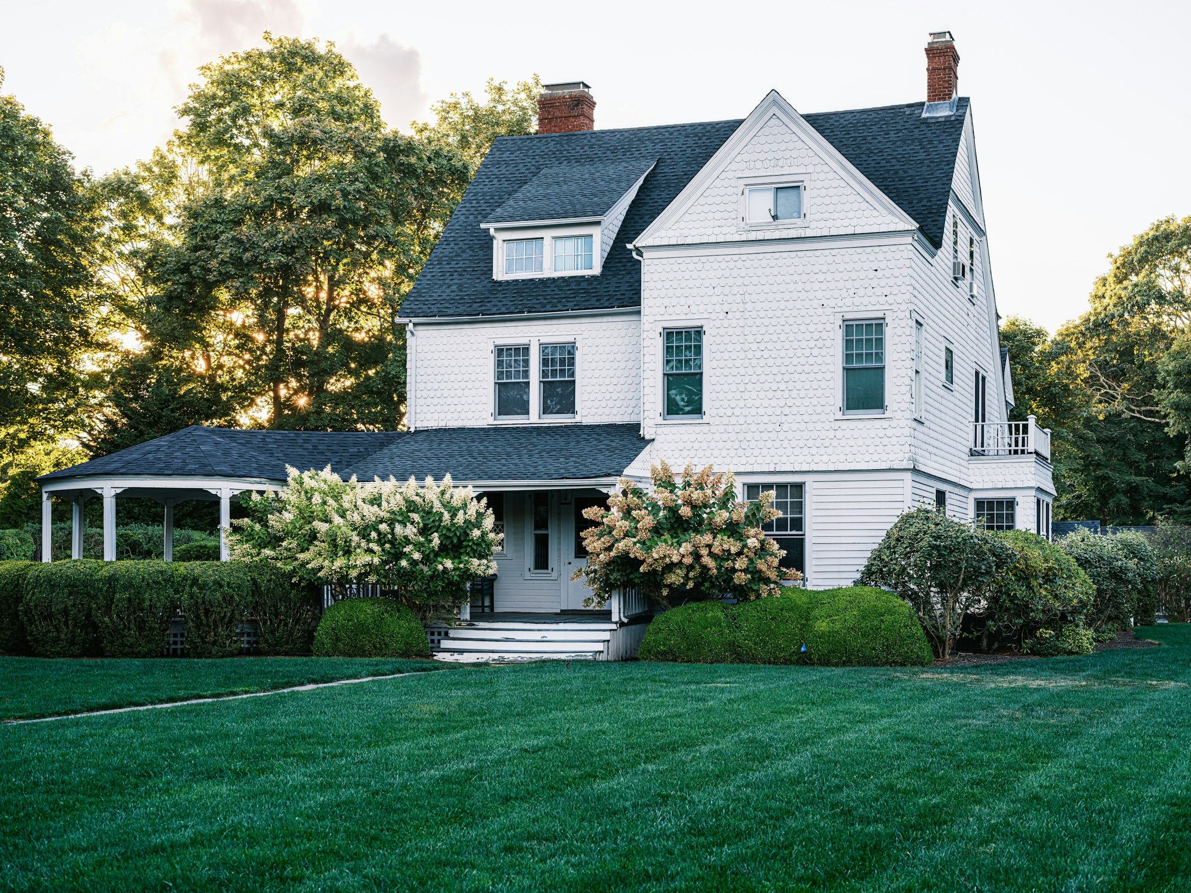 A tall white house with a dark grey asphalt-shingle roof, a dormer and two brick chimneys, flowering hydrangeas and a wide lawn in low golden light